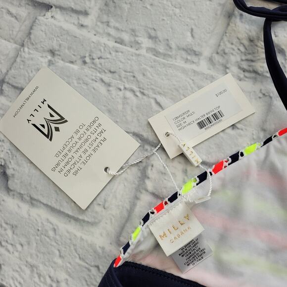 Milly Cabana High Neck Halter Neon Stripe Eyelet Bikini Top size Medium - Picture 7 of 11